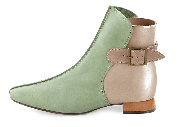 Women's mint green, gold and biscuit beige elegant ankle boots, with buckles at the back. Square toe. Flat flare heels - Profile view
